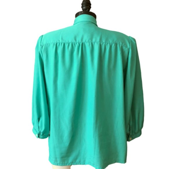 Vintage Turquoise Green PussyBow Blouse Chaus - Picture 4 of 16